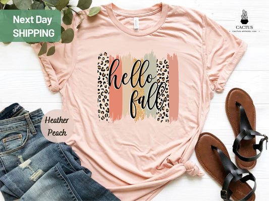 Hello Fall Leopard Shirt, Cute Fall Shirt, Fall Shirts, Fall T-Shirt, Happy Fall Shirts, Autumn Shirt, Thanksgiving Shirt