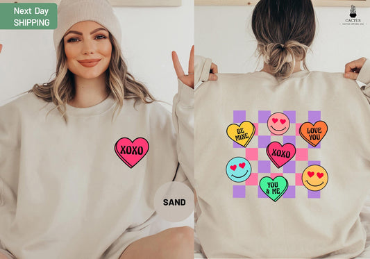 Smiley Candy Heart Sweatshirt, Coversation Heart Tee, Checkered Pattern Smiley Face Shirt, Cute Valentine Day Shirt, Be Mine Tee, XOXO Gift