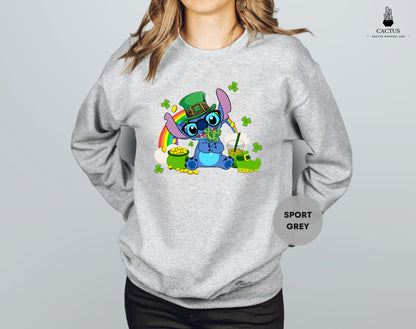 Stitch St Patrick's Day Sweatshirt, Stitch With Pot Of Gold Sweatshirt, Disney Stitch Lucky Shirt, Lucky Gift Shirt, Irish Family Gifts