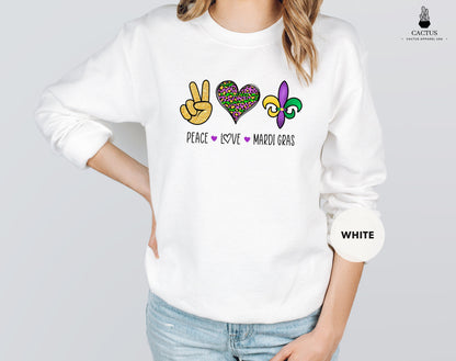 Peace Love Mardi Gras Sweatshirt, Nola Shirt, Fat Tuesday Shirt, Flower de Luce Tee, Saints New Orleans Shirt, Mardi Gras Carnival