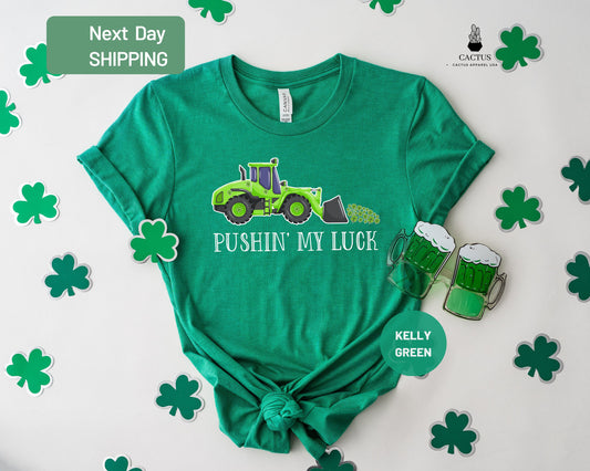 Tractor Shirt, Funny St Paddy's Shirt, Pushing My luck Shirt, Shamrock Shirt for Kids, St Patty's Day Gift, Clover Shirt