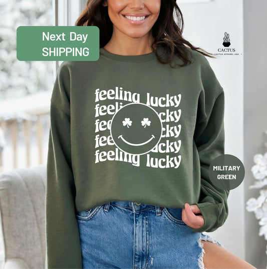 Feeling Lucky Sweatshirt, St Patrick's Day Sweatshirt, Smiley Face Lucky Sweater, Lucky Irish Shamrock Sweatshirt