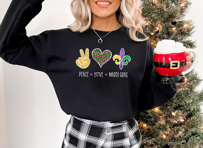 Peace Love Mardi Gras Sweatshirt, Nola Shirt, Fat Tuesday Shirt, Flower de Luce Tee, Saints New Orleans Shirt, Mardi Gras Carnival