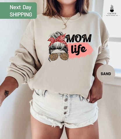 Messy Mom Bun Leopard Sunglasses Sweatshirt, Leopard Mom Sweatshirt, Leopard Mom Life Sweatshirt, Mom Shirt, Mama Sweatshirt, Gift for Mom